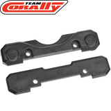 Team Corally COR00180-977 Suspension Arm Mount Covers in black plastic, designed for radio control parts and rc car parts, showing two distinct mounting covers.
