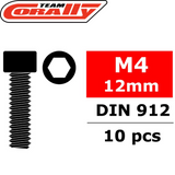 Team Corally C-3001-40-12 Hex Socket Head Steel Screws M4 x 12mm (10) showing hex socket head screw illustration with size and quantity details for radio control parts.