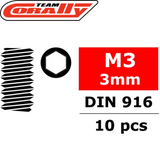 Team Corally C-3004-30-03 Steel Hex Set Screws M3 x 3mm (10) detail showing hexagonal socket and threaded screw design suitable for radio control parts and rc car repairs.