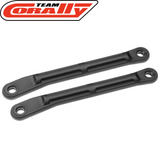Two black plastic steering links designed for radio control cars, labeled as Team Corally C-00180-922 HD Rear Steering Links for HDA-3 (2), suitable for rear axle steering.