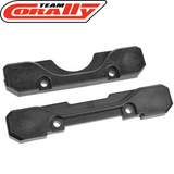 Black plastic rear suspension arm mount covers for RC cars, shown from top and bottom, part of the Team Corally C-00180-979 Rear Suspension Arm Mount Covers Set XB G2.