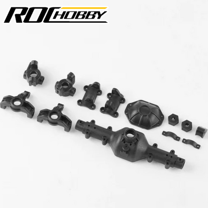 ROCHobby C1395 Front Axle Plastic Parts set displayed on a white background, including multiple black plastic components designed for rc car assembly and upgrades.