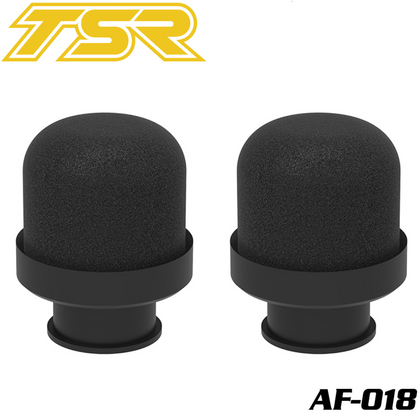 Pair of black foam air filters designed for radio control car engines, labeled as Team Saxo AF-018 1/8 On-Road Air Filter (2) 16.5mm Carb models for improved performance.