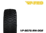 VP-PRO VP-807G Bull Dog Evo 1/8 Buggy Pre-Mounted Tires (4) White Wheels shown with detailed tread pattern for enhanced grip on RC cars.