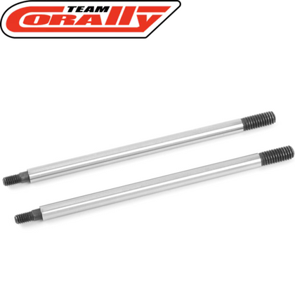 Two steel shock shafts with threaded ends for radio control parts, labeled as Team Corally C-00180-164 Steel Rear Shock Shaft 66mm (2) suitable for rc cars.