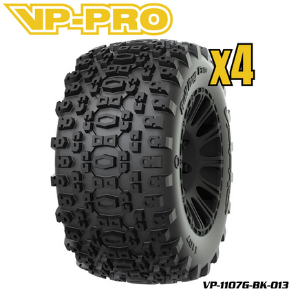 VP-PRO VP-1107G 1/8 Monster Truck Tires (4) Pre-Mounted Black set showing aggressive tread pattern designed for RC cars and radio control parts use.