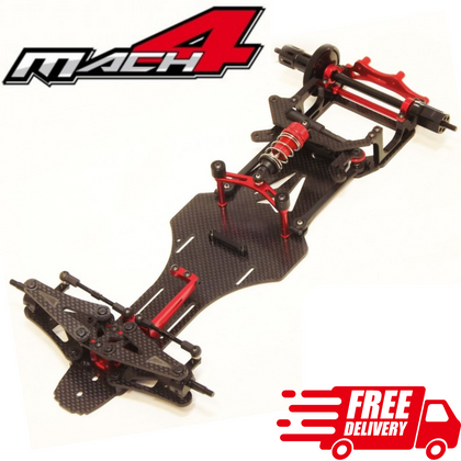 MACH4 ONE F1 Competition Kit chassis featuring carbon fiber frame and red anodized metal radio control parts for high-performance RC cars with suspension components.