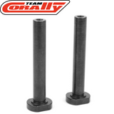 Two black steel posts with hexagonal bases, shown standing upright, representing Team Corally C-00180-147 Steel Servo Saver Post (2) for radio control parts and rc cars.