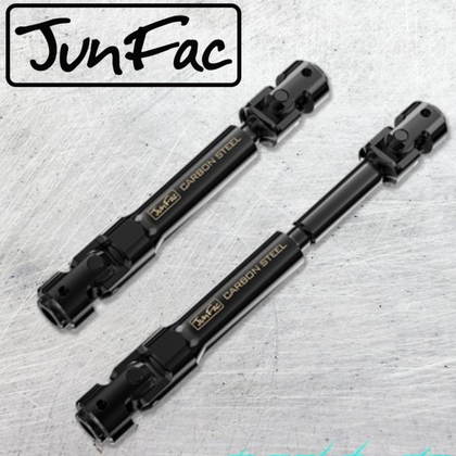 Two black JunFac Scale Hardened Steel Universal Shafts Gmade GS02 designed for radio control car parts, featuring durable carbon steel construction.