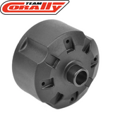 Team Corally C-00180-090-2 Center Differential Case Composite V2, a durable black composite RC car part designed for enhanced performance in radio control vehicles.