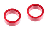 Two red aluminum rings displayed on a white background representing Team Corally C-00180-531 HDA Inner Aluminum Suspension Arm Insert (2) for rc car parts.