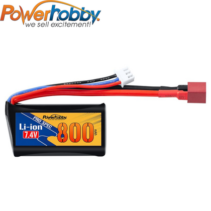 Powerhobby Li-ion 7.4V 800mAh Battery w Deans Plug with black and orange label, red and black power wires, and a white balance connector for radio control parts.