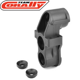 Team Corally C-00180-009-1 Front Steering Block w/ Ball Cups in black plastic, a durable rc car part designed for radio control car steering mechanisms.