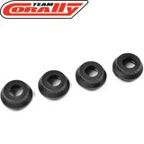 Team Corally C-00180-138 Lower Shock Cap (4) SBX-825 set of four black circular shock caps for rc car parts on a white background with Team Corally logo above.