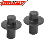 Two black plastic body posts with flange and hole details, designed as Team Corally C-00180-024 Body Post (2) for rc car parts.