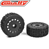 Two black off-road RC tires with mounted rims designed for truggies, featuring aggressive tread patterns for enhanced traction, Team Corally Tracer Off-Road 1/8 Truggy Tires Mounted (2).