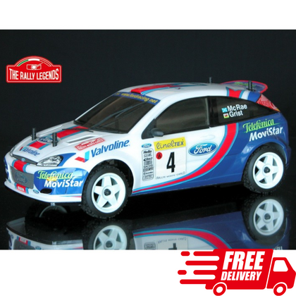The Rally Legends Ford Focus WRC McRae Grist 2001 1/10 4wd RTR Rally Car model features detailed decals and a realistic design, perfect for rc car enthusiasts.