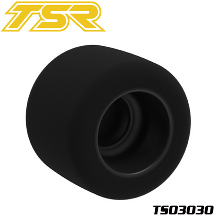 Team Saxo TS03030 GK-200 Pre-Glued Rear Foam Tires 25 Shore (2) designed for radio control cars, featuring smooth black foam surface and pre-glued construction for easy installation.