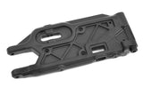 Black plastic lower rear suspension arm for radio control cars, with reinforced design and mounting points, labeled as Team Corally COR00180-528 Lower Rear Suspension Arm HDA-4