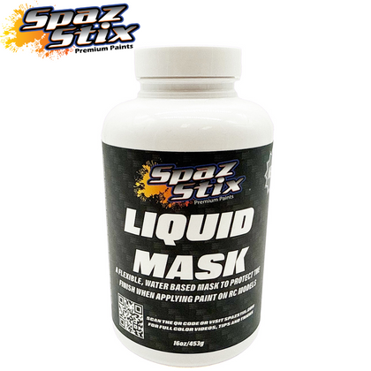 A bottle of Spaz Stix Water Based Liquid Mask V2 4oz 8oz 16oz with black and white label, designed to protect paint finish on RC models.