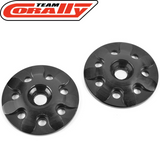 Team Corally C-00180-157 Lightend Aluminum Wing Washer (2) showing two black, lightweight aluminum washers designed for radio control car parts.