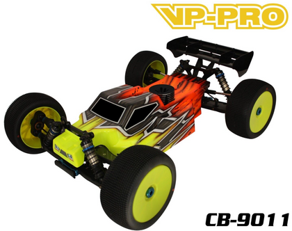 VP-Pro CB-9011 1/8 Bruggy Body RC Truggy with yellow wheels, vibrant orange and black painted body, and large rear spoiler for enhanced racing performance.