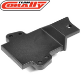 Team Corally C-00180-1004 ESC Switch Mount Plate in black plastic designed for secure installation of electronic speed control in radio control cars.