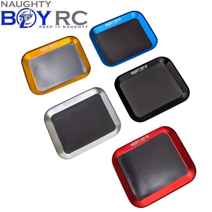 Naughty Boy RC Mini Screw + Parts Tray set featuring five colorful magnetic trays in red, blue, black, gold, and silver for organizing radio control parts and screws.