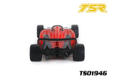 Team Saxo TS01946 1/10 F1 Body Shell (Clear) fitted on an RC car chassis shown from the rear, highlighting wide tires and aerodynamic rear wing.