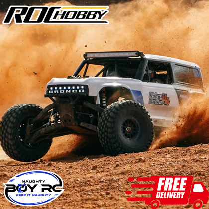 ROCHOBBY 1/7 Ridge Racer U4 Desert Buggy RS Blue kicking up dust on rugged terrain, showcasing robust design and high-performance radio control parts for rc car enthusiasts.