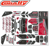 Team Corally COR00180-981-4 Red Body Decal Sheet Kagama 6s featuring detailed black and red stickers for customizing radio control cars with logos, vents, and design accents.
