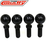 Set of four black steel ball pivots designed for rc cars, shown with threaded shafts, labeled as Team Corally C-00180-123-1 Steel Pivot Ball Conical Shaft (4) for radio control parts.