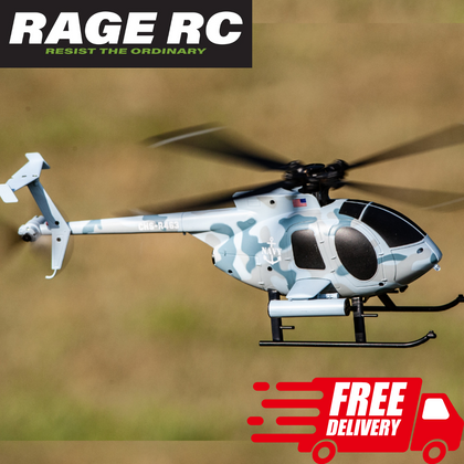 Flying Navy camo remote control helicopter in mid-air with spinning blades, showcasing the Rage RC Hero-Copter Helicopter 4-Blade RTF Military Navy w Stability model.