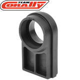 Black plastic motor mount part designed for radio control cars, shown with Team Corally logo, identified as Team Corally C-00180-023 Motor Mount Center Differential Insert.