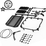 Gmade GM40080 1/10 Scale Off-road Roof Rack & Accessories kit including black plastic roof rack frame, mesh platform, tool accessories, mounting hardware, and cables for radio control parts.