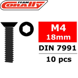 Team Corally C-3002-40-18 Hex Flat Head Steel Screws M4 x 18mm (10) shown with a screw illustration and hexagonal socket head, suitable for radio control parts and rc car applications.