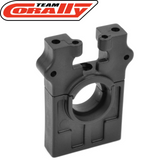 Black plastic component part designed for radio control cars, identified as Team Corally C-00180-018 Center Differential Bulkhead, used for structural support in the drivetrain assembly.