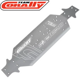 Team Corally C-00180-996 3mm Aluminum Chassis in silver with multiple mounting holes, designed for radio control parts and RC car chassis upgrades.