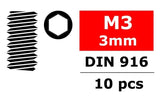 Team Corally C-3004-30-03 Steel Hex Set Screws M3 x 3mm (10) showing threaded hex socket screws for radio control parts, suitable for rc car assemblies.