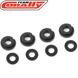 Four black shock body inserts and four washers designed for radio control parts, labeled with Team Corally branding, part of the Team Corally C-00180-078 Shock Body Inserts + Washers set.