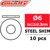 Team Corally C-3301-060-12-03 Steel Metric Shim 6x12x0.3mm (10), a set of 10 steel shims for precise spacing in radio control parts and rc cars maintenance.