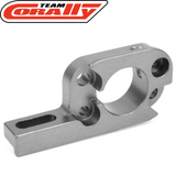 Silver aluminum motor mount for radio control cars with multiple mounting holes, designed for durability and precision, labeled as Team Corally C-00180-177 Aluminum Motor Mount.