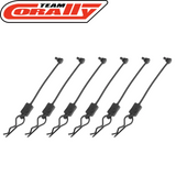 Six black Team Corally C-00180-614 Body Clip Retainer w/ Body Clip Black (6) pieces designed for securing body clips on RC cars and radio control parts.