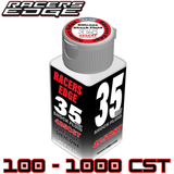 Bottle of Racers Edge Silicone Shock Oil Fluid 10-80wt 70ml for radio control parts, featuring black and white design with red and black text branding.