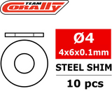 Team Corally C-3301-04-06-01 Steel Metric Shim 4x6x0.1mm (10) showing a schematic of a steel shim with 4mm inner diameter, 6mm outer diameter, and 0.1mm thickness, pack of 10 pieces.