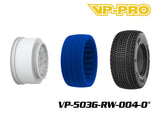 VP-PRO VP-503G 1/10 Short Course Truck Tires (4) Pre-Mounted White showing separated white plastic rim, blue foam insert, and black tire with detailed tread pattern for radio control parts.