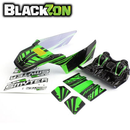 BlackZon BZN540179 Green Body + Interior Smyter DB & Turbo radio control parts kit featuring a green and black painted body shell, interior cockpit piece, and matching decals for rc cars.
