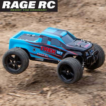 RAGE RC Mini Trek MT 1/24 Monster Truck RTR Blue in action on dirt terrain, showcasing its rugged design and durable large tires for off-road radio control fun.
