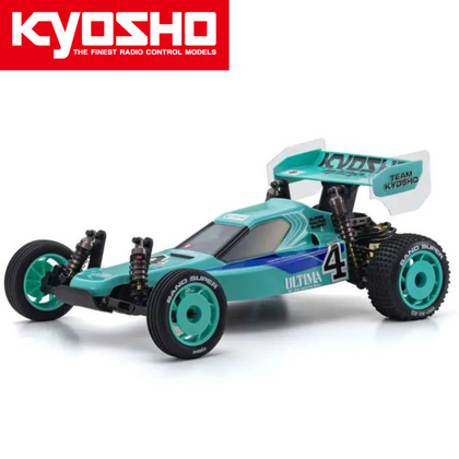 Kyosho 20th Anniversary Limited Model Ultima '87 WC Worlds Spec 2WD Buggy in teal and blue with detailed suspension and off-road tires, designed for high-performance radio control racing.