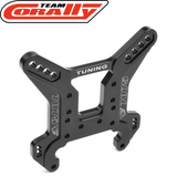 Team Corally C-00180-423 Rear Shock Tower 5mm Swiss 7075 T6 black anodized aluminum RC car part designed for enhanced tuning and durability in radio control vehicles.